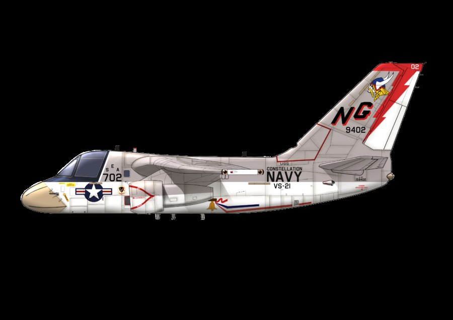 Side profile artwork of S-3 Viking NG 9402 in Navy VS-21 markings.
