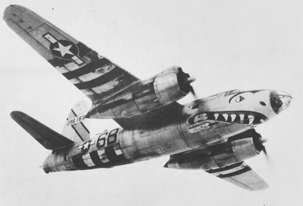 Martin B-26 Marauder aircraft with nose art in flight