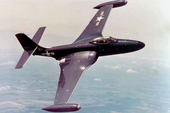 McDonnell F2H Banshee in flight, showing the Navy jet fighter line produced by McDonnell in the early Cold War period.