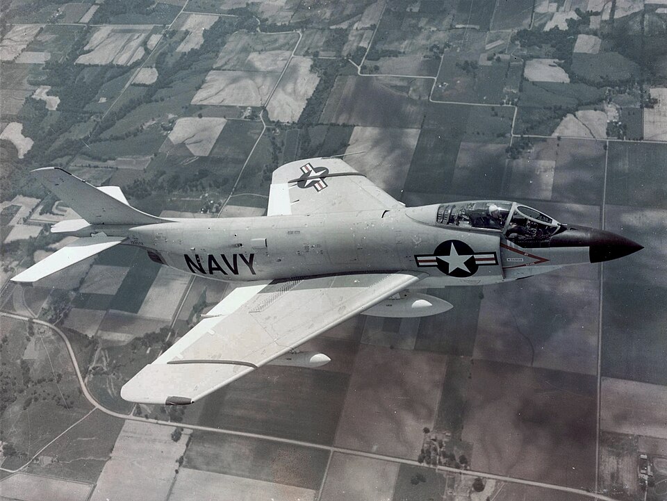 McDonnell F3H Demon in flight, showing the carrier-based Navy fighter developed by McDonnell after the Banshee.