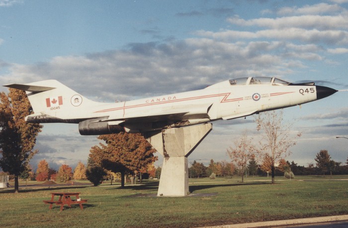 Canadian CF-101 Voodoo 10045 displayed on a pedestal in a park.