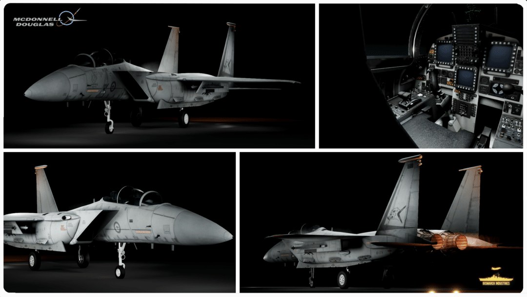 Four-panel composite showing F-15E exterior views and cockpit display panels on a black background.