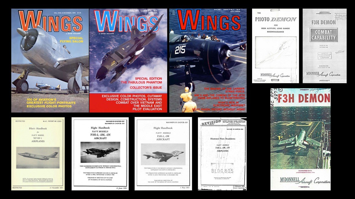 Collage of F3H Demon magazine covers, brochures, and manual pages.