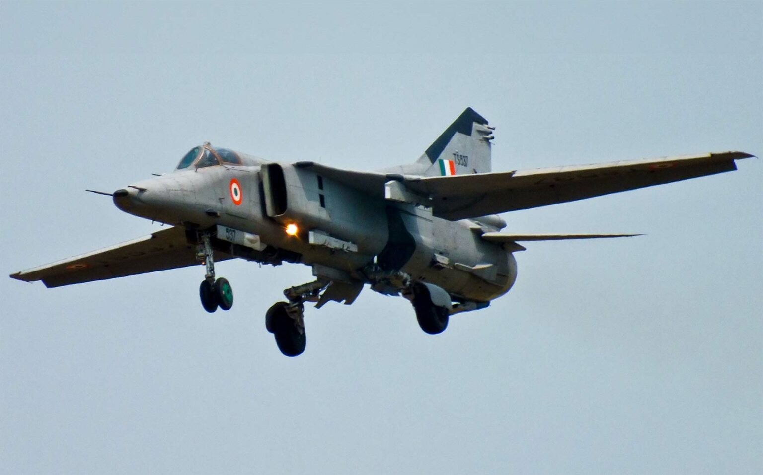 Indian-marked MiG-27 approaching with landing gear extended.