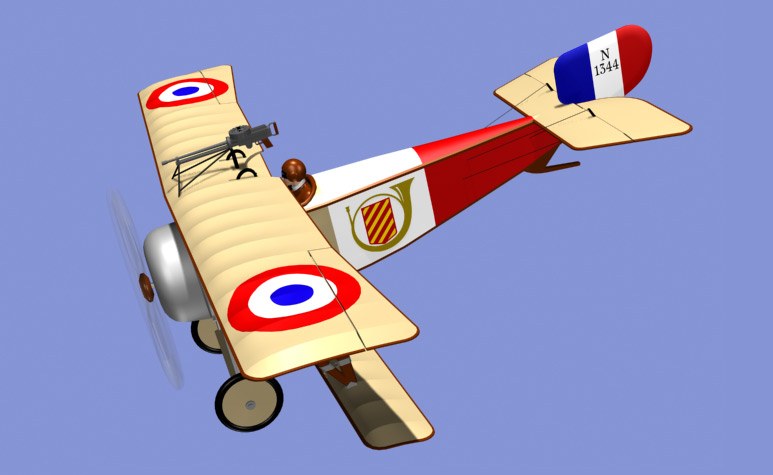 Color rendering of Nieuport 11 N1344 in flight with French roundels and a red tail band.