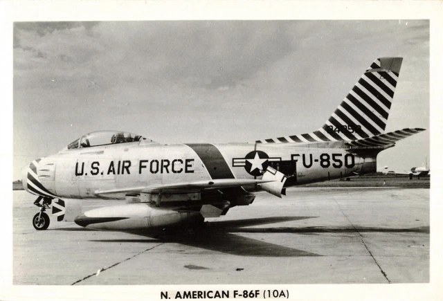 Black-and-white photograph of U.S. Air Force F-86F Sabre U-850 parked on a ramp.