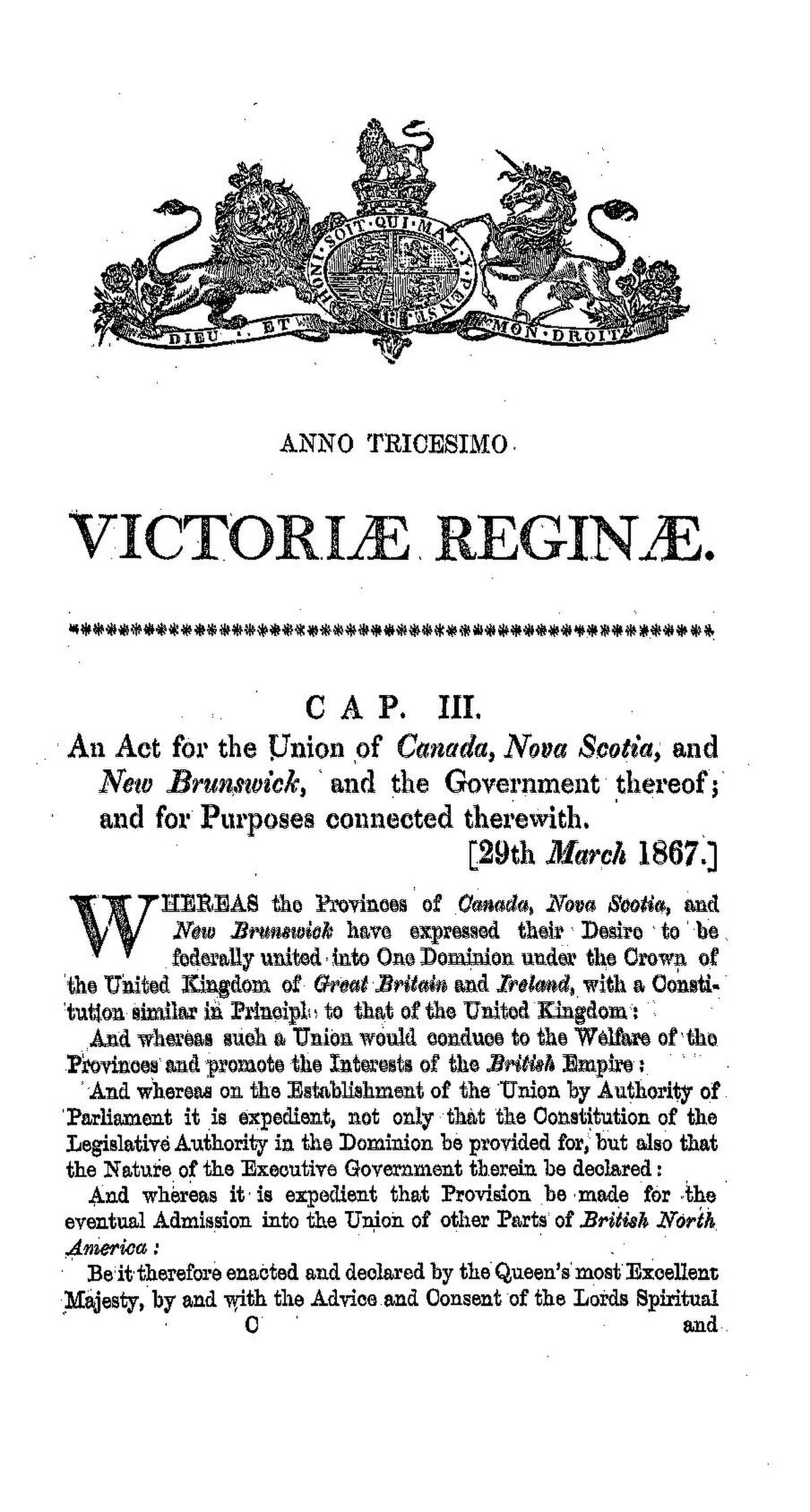 First page thumbnail of the British North America Act 1867, included as foundational constitutional source material for Canada.