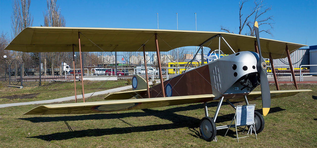 Three-quarter view of the Anatra-Anasal replica at the Ukrainian State Aviation Museum.