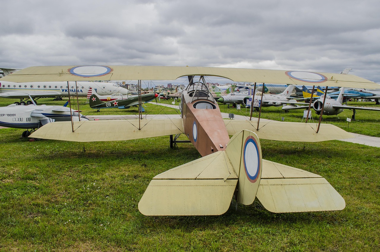 Rear view of an Anatra-Anasal biplane displayed in Kyiv.