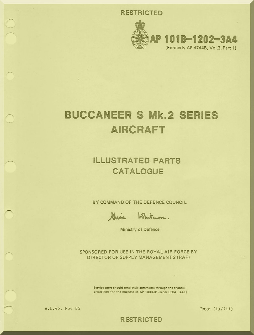 Blackburn Buccaneer S Mk.2 Aircraft Illustrated Parts Catalogue Manual.