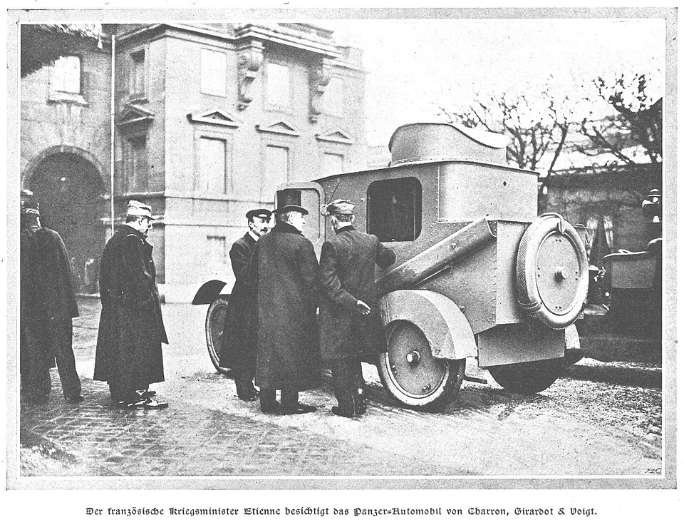 French Minister of War Etienne inspecting Charron, Girardot & Voigh armoured car (Allgemeine Automobil-Zeitung, 1906.