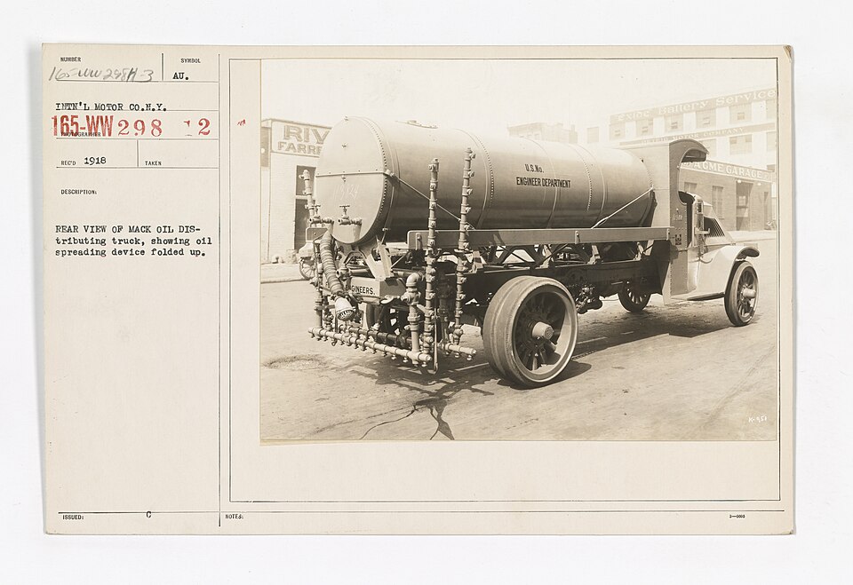 Motor Vehicles - Motor Trucks - Manufacturers - Rear view of mack oil distributing truck, showing oil spreading device folded up - NARA - 45.