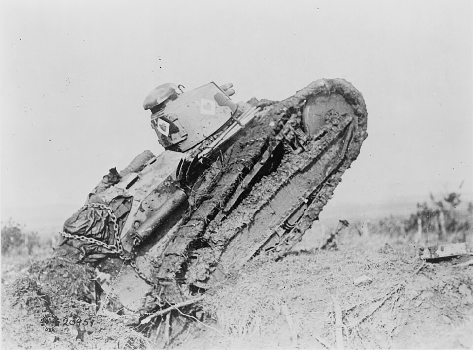 A French World War I Renault FT-17 tank, ditching.