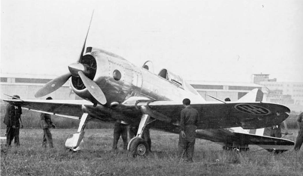 Reggiane Re.2000 Falco fighter front quarter view with ground crew