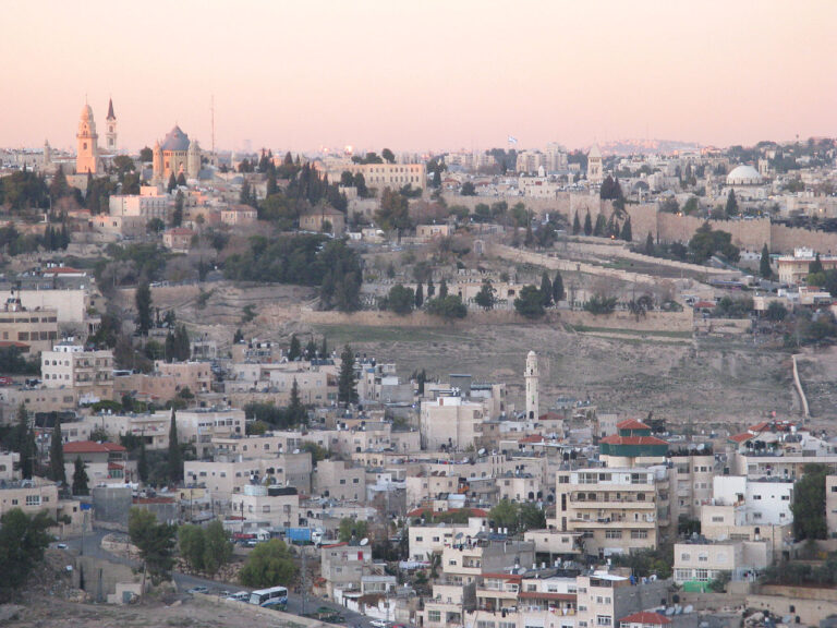 Jerusalem skyline with church, synagogue, and historic core