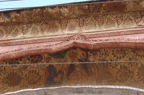 Fresco of Guru Nanak, Bhai Mardana, and Bhai Bala painted on Sikh architecture