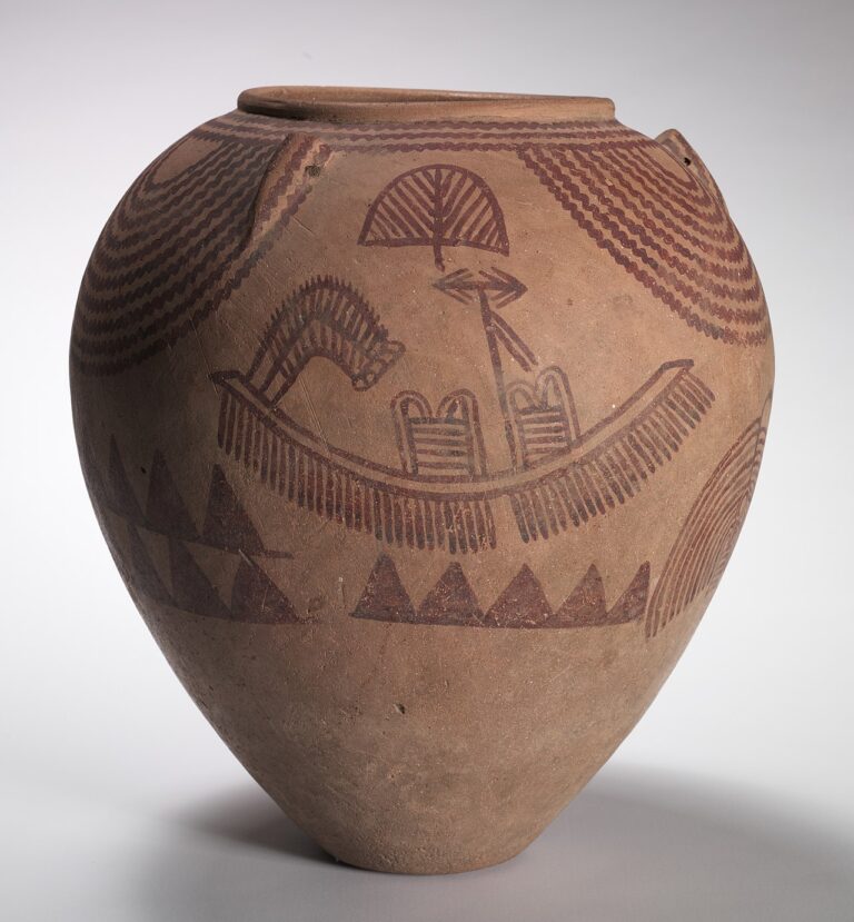 Decorated jar with boat scenes from funerary art