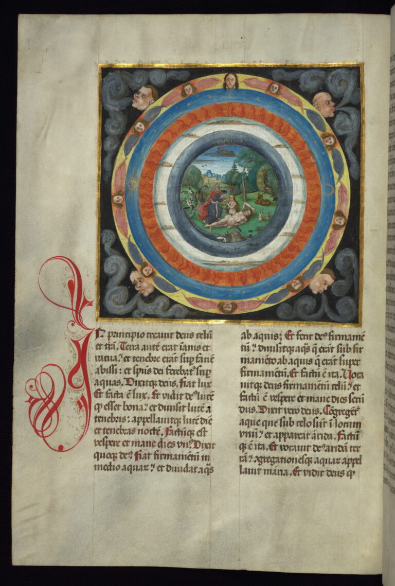 Illuminated manuscript showing the creation of the world and Eve