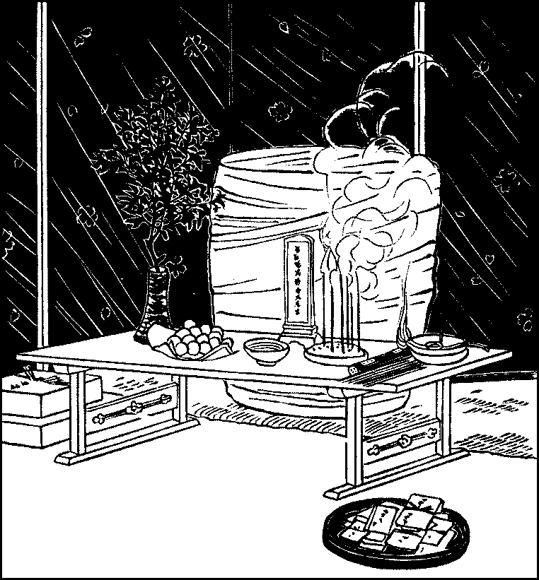 OFFERINGS BEFORE A COFFIN. (1910) - illustration - page