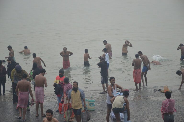 Hindu devotees taking a ritual dip in the Ganga