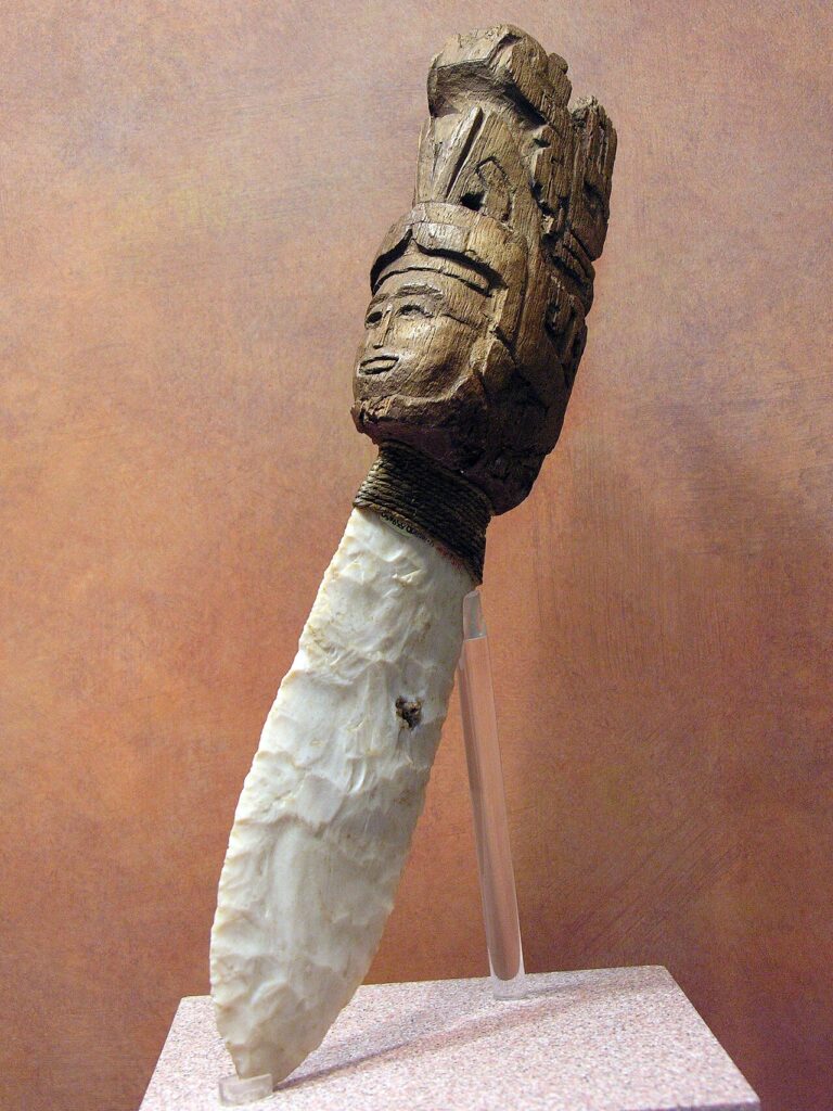Aztec sacrificial knife with carved wooden handle