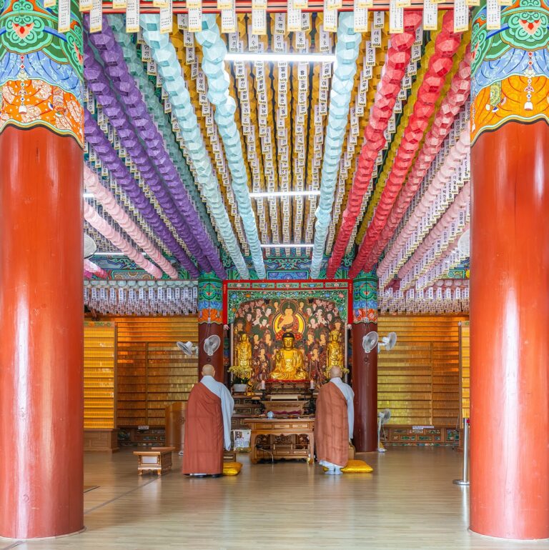 Interior of Beomeosa temple with monks present
