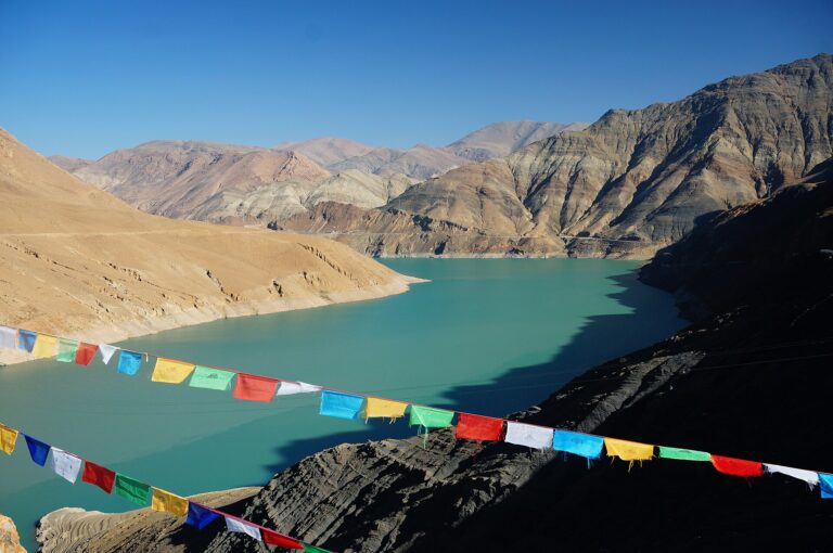 Tibetan Buddhist prayer flags above Yamdrok Tso
