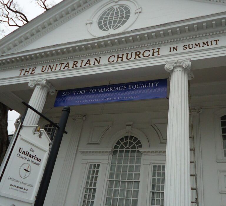 Public marriage-equality banner at a Unitarian church