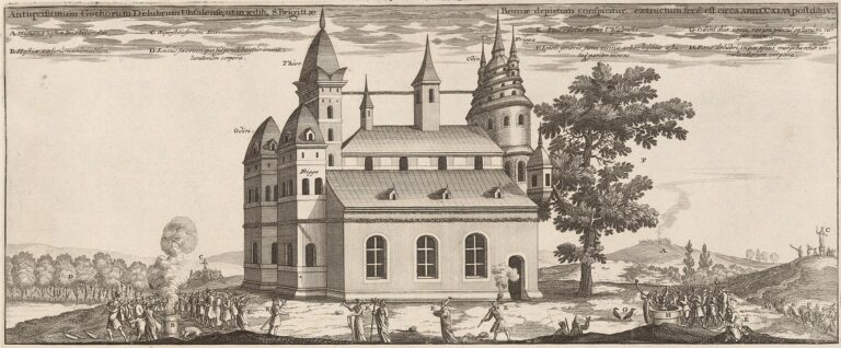 Ancient Temple at Uppsala, from Suecia antiqua et hodierna - cropped from I-63