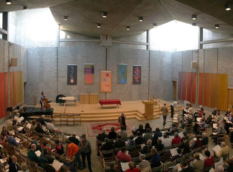 Sanctuary of First Unitarian Church of Rochester during Sunday service