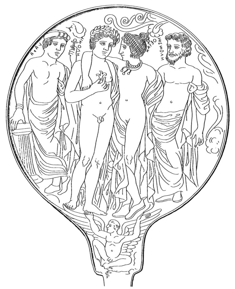 Etruscan bronze mirror with named divine figures