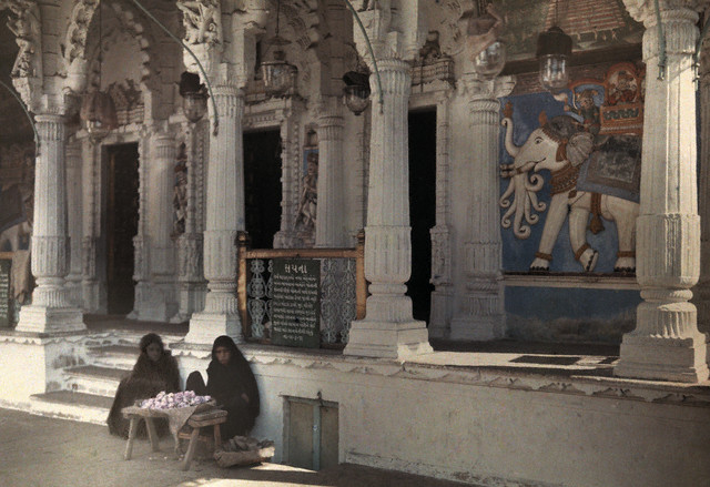 A temple of the Jain sect at Ahmedabad with a painting of an elephant by Jules Ger