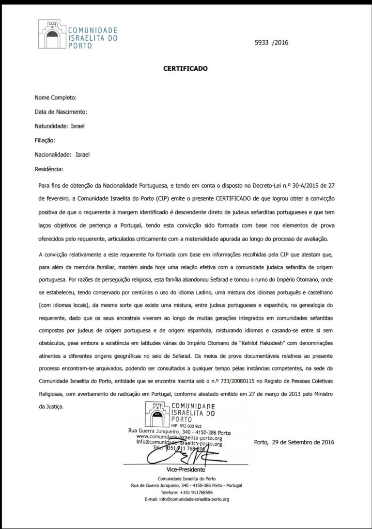 Certificate judaism Porto Jewish Community