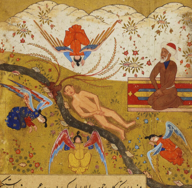 Paris Bn F Supplément Persan 1559 fol 10 v All angels except Iblis bow to Adam cro