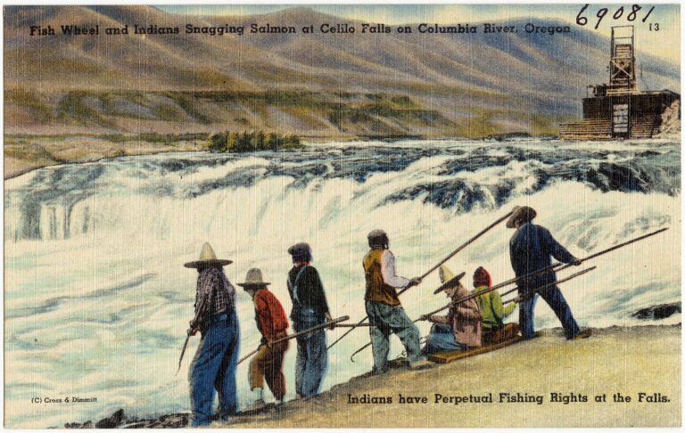 Fish Wheel and Indian Snagging Salmon at Celilo Falls on Columbia River, Oregon. I