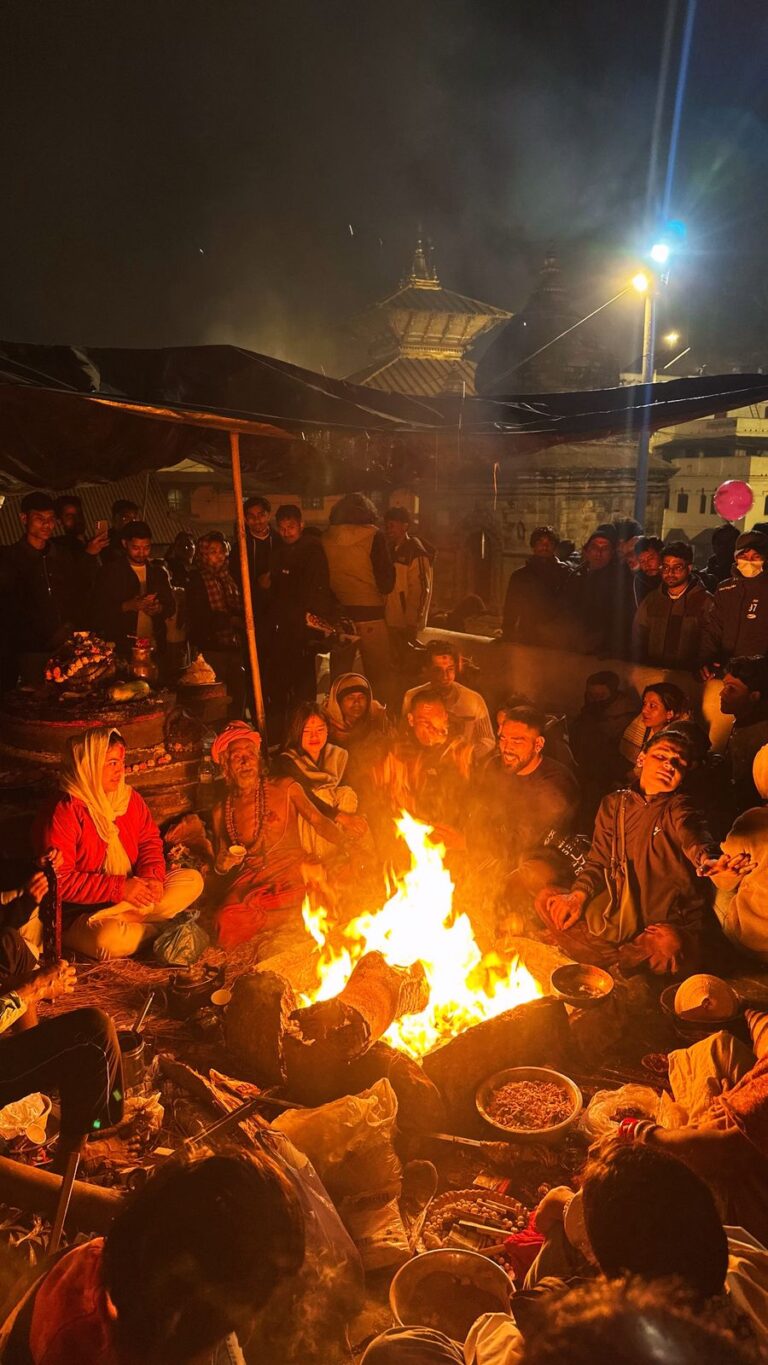 Ritual fire and sadhus during Shivaratri in Kathmandu