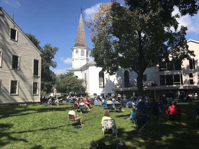 Outdoor service at Follen Church in East Lexington, Massachusetts