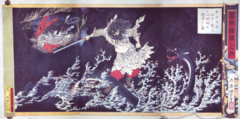 Susanoo no Mikoto slays Yamata no Orochi in Izumo By Tsukioka Yoshitoshi repaired