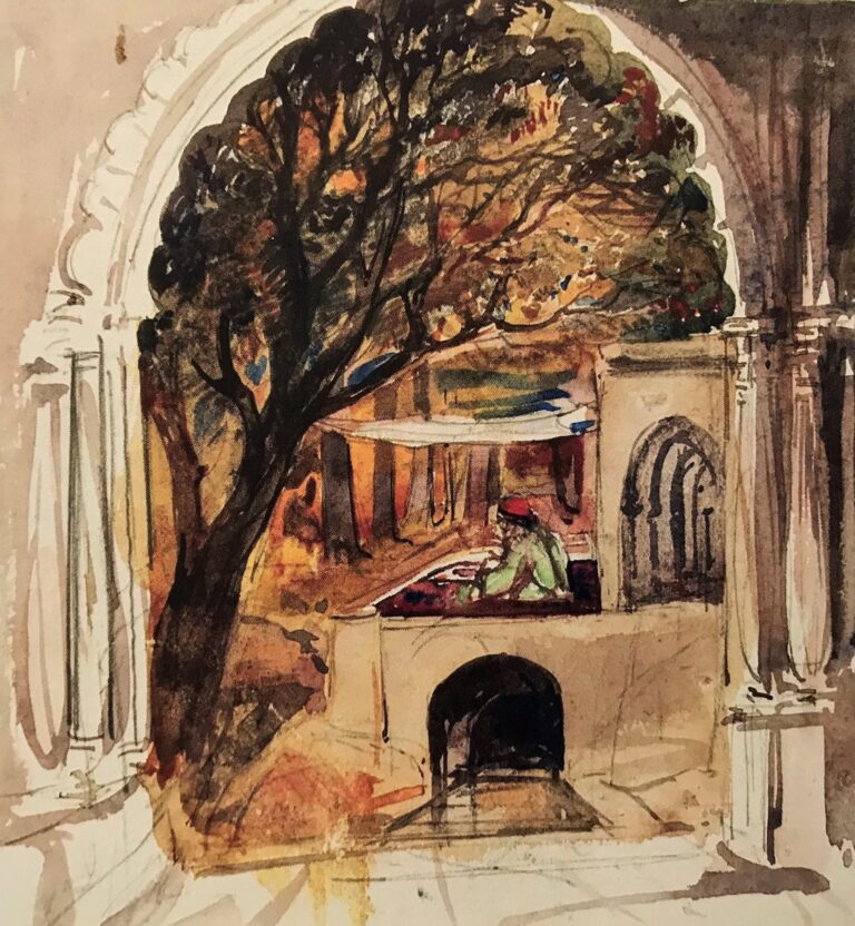 Watercolour of a granthi reading Sikh scripture at Gurdwara Panja Sahib in Hasan A