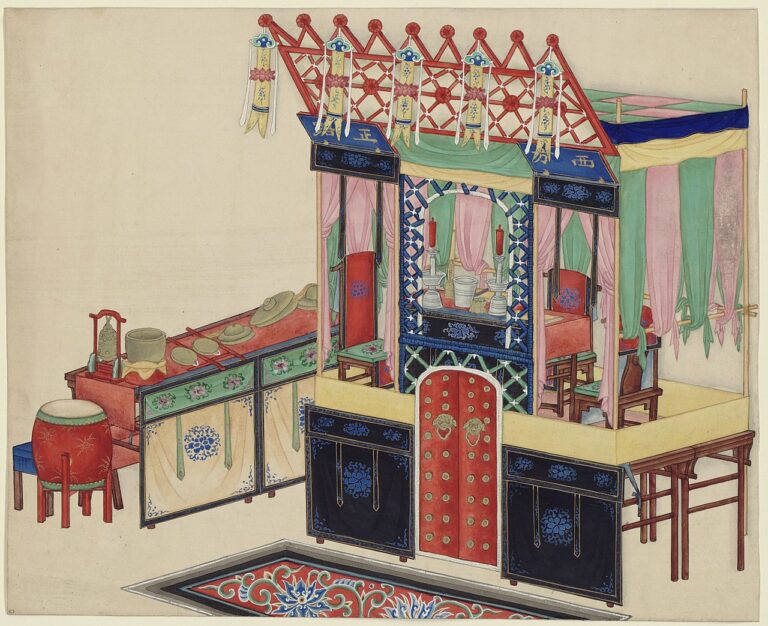 Taoist service altar with musical instruments for monks to use