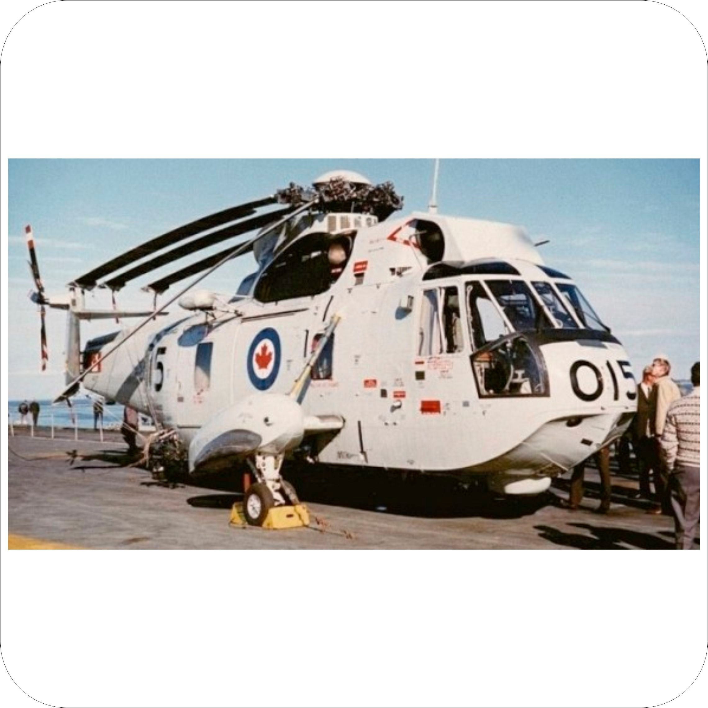 Small color photo of a white CH-124 Sea King parked with rotor blades folded.