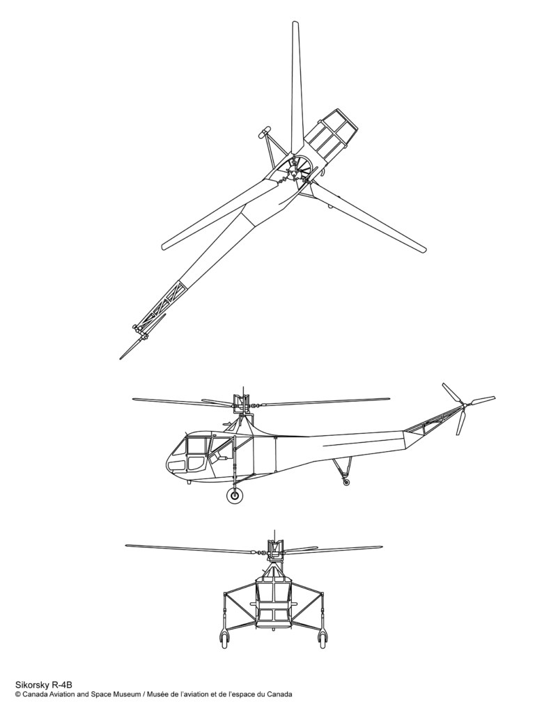 Line drawing of the Sikorsky R-4 helicopter from top, side, and front views.