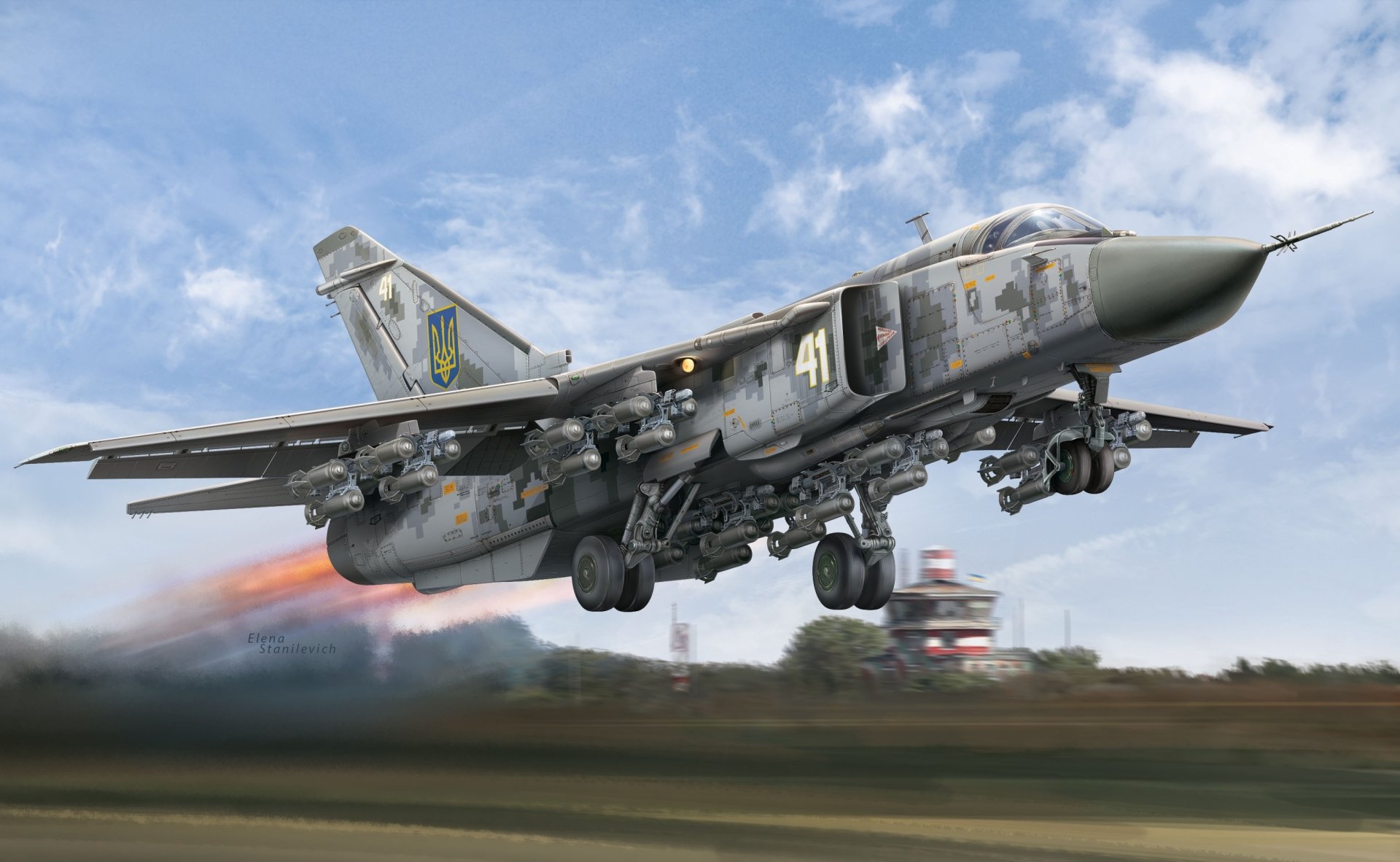 Sukhoi Su-24 - HD desktop wallpaper of a Ukrainian Air Force Sukhoi Su-24 bomber jet fighter in flight, showcasing the military aircraft against a cloud...