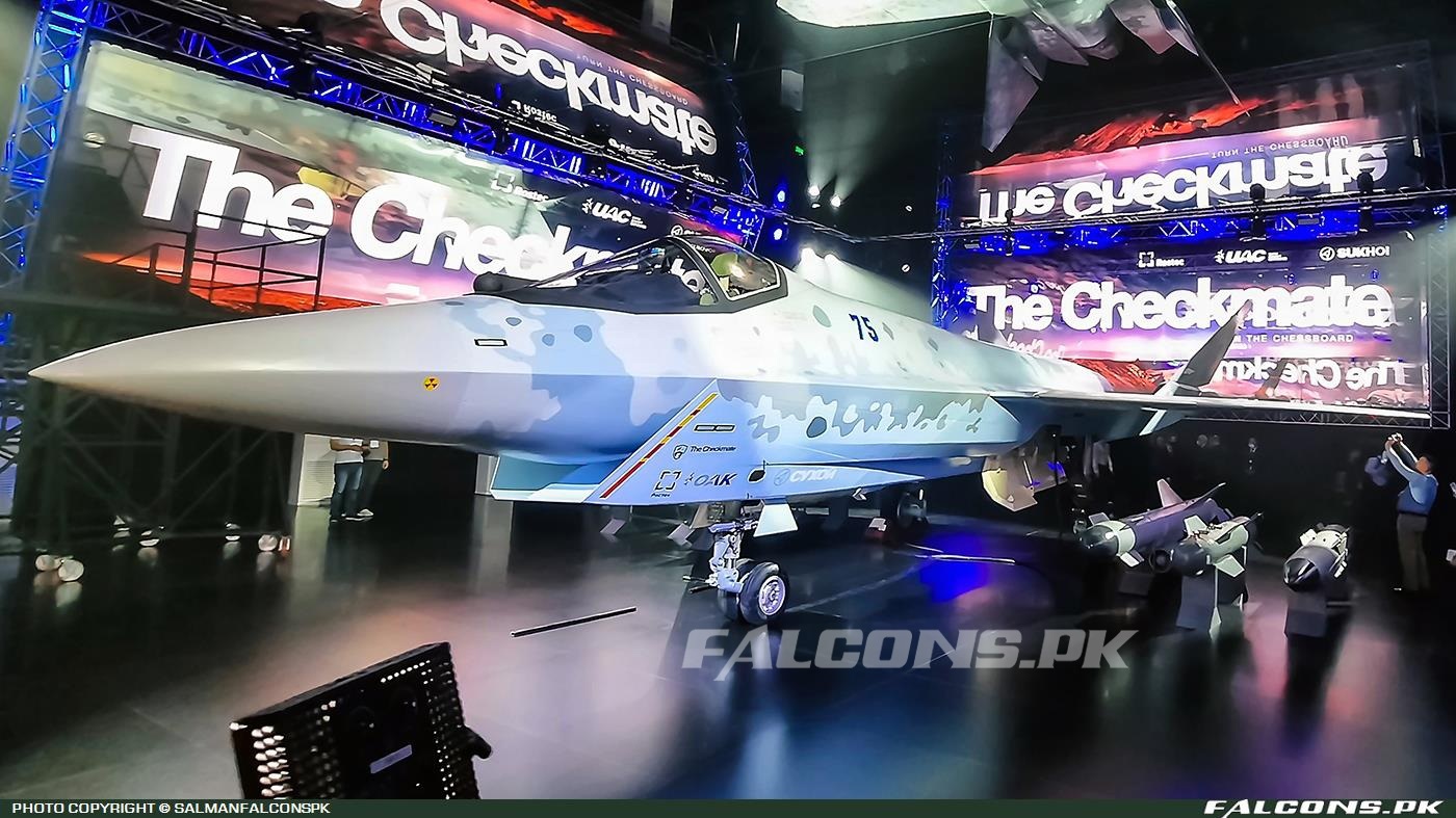 Sukhoi Su-75 Checkmate mockup shown from the front quarter at an air show.