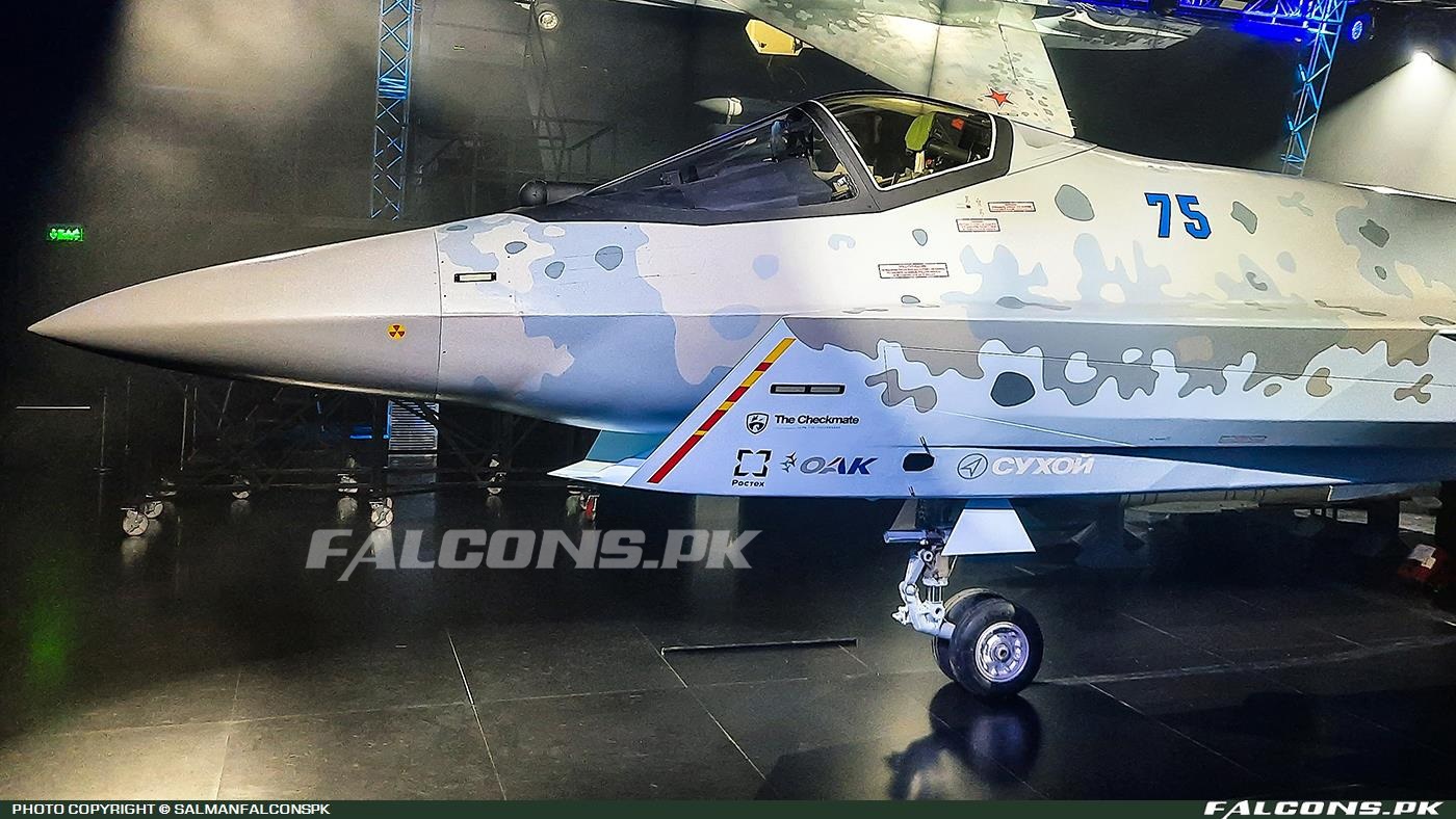 Sukhoi Su-75 Checkmate mockup nose and cockpit section at an exhibition.