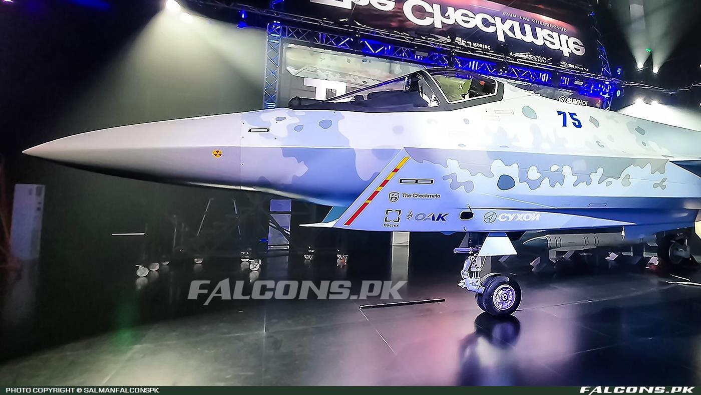 Sukhoi Su-75 Checkmate prototype display showing the forward fuselage and intake.