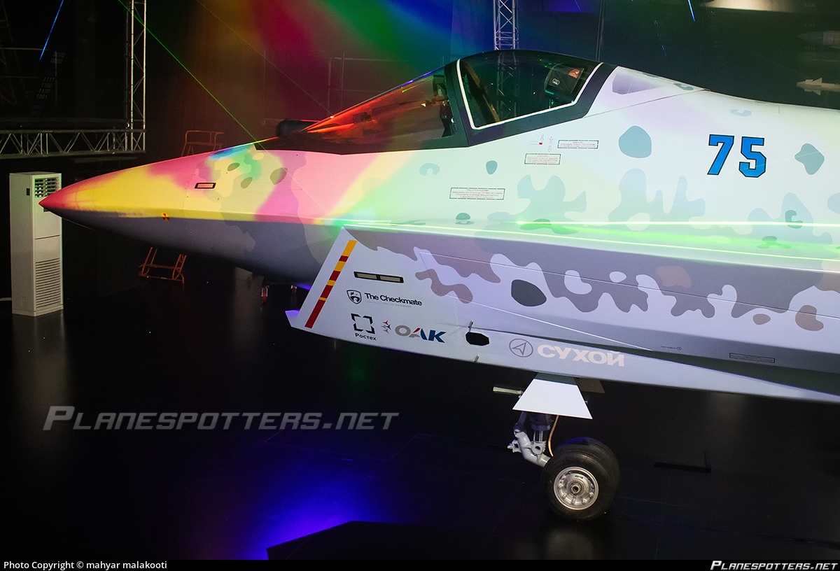 Sukhoi Su-75 Checkmate cockpit and forward fuselage on display.