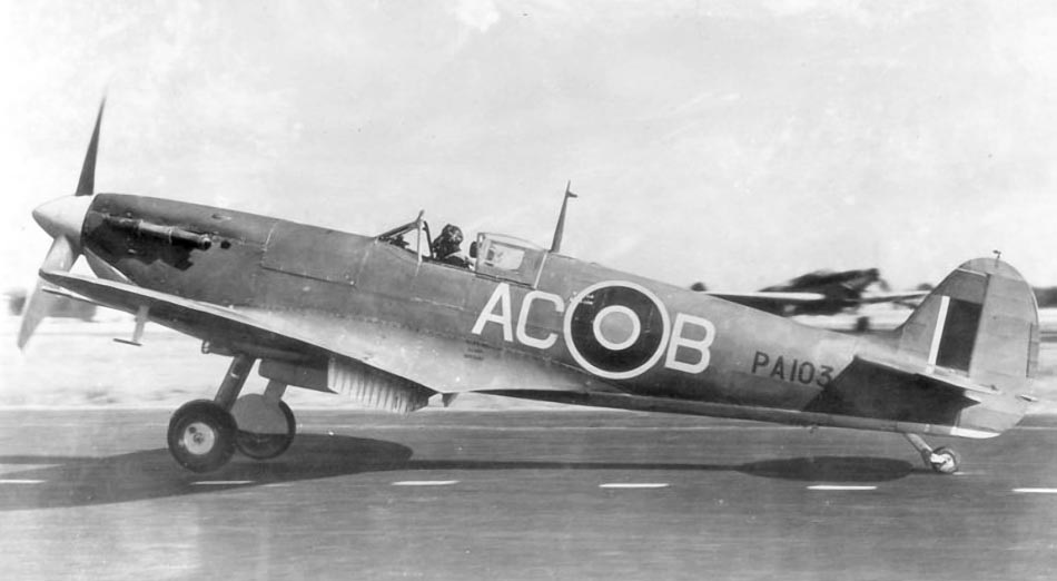 Supermarine Seafire photographed on the ground with Fleet Air Arm markings.