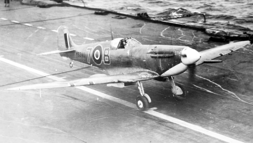 Supermarine Seafire on an aircraft carrier deck.