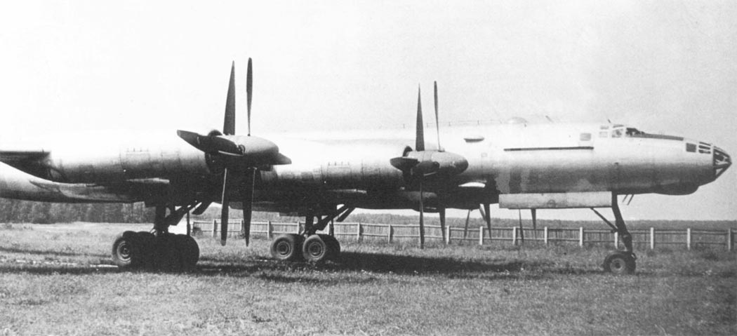 Tupolev Tu-95 Bear bomber parked with four propeller engines visible